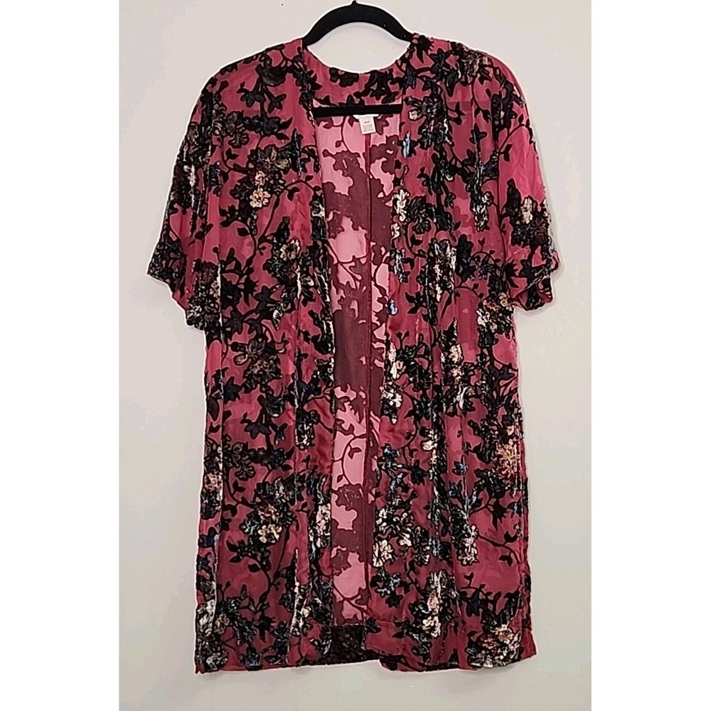 Arizona Womens XS/S Maroon Velvet Floral Kimono/Duster/Cover-Up Gypsy Witchy